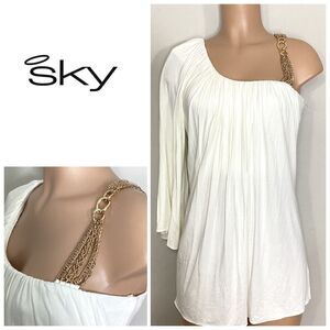 New. SKY ivory white gathered long sleeve mini with chains. Retails $249